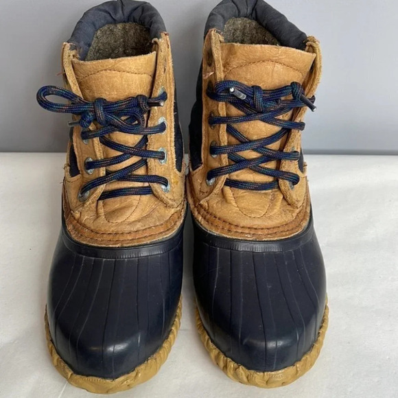 SOREL VINTAGE Duck Boots Navy Brown Leather Lined Ankle Lace Up Gorpcore Size 6 - Picture 5 of 14